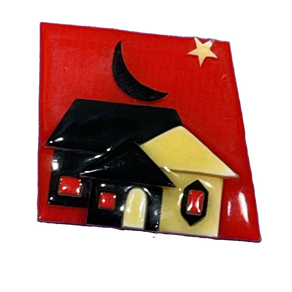 Vintage House of Pins by Lucinda Red Background Black House and Starry Moon